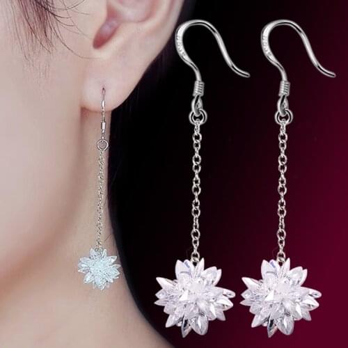S925 Silver Earring Cute Ice Ball Flower Tassel Drop Earring For Women Wedding Gift Lady Girl Fashion Jewelry