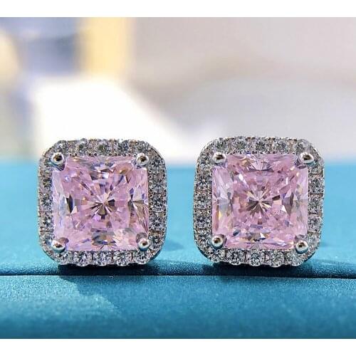 Charms 925 Sterling Silver 7*7mm Topaz Pink Quartz High Carbon Diamond Stud Earrings For Women Gemstone Ear Fine Jewelry Gifts