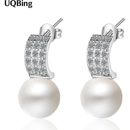 Geometric 925 Sterling Silver Crystal Round Pearl Stud Earring For Women Gifts