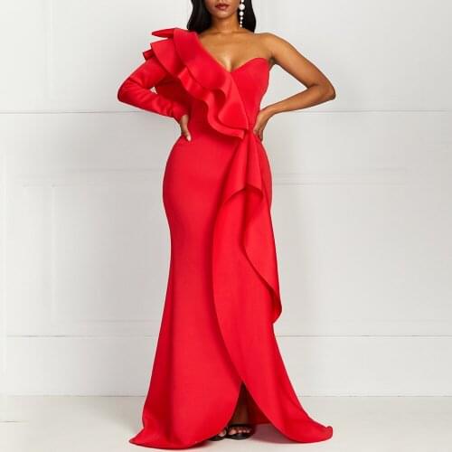 Evening Party Dresses Women Elegant Sexy One Shoulder Ruffles Long Maxi Dresses Backless Split Red Bodycon Dress Plus Size 2021