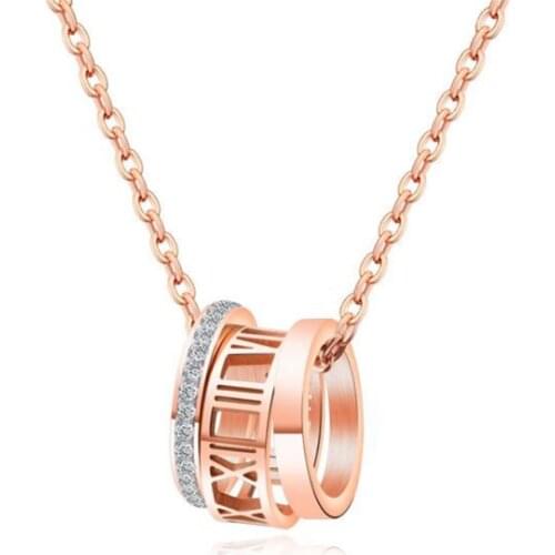 Roman Numerals Titanium Steel Womens Necklace Colorless Rose Gold Three Circle Crystal Zircon Wedding Necklace