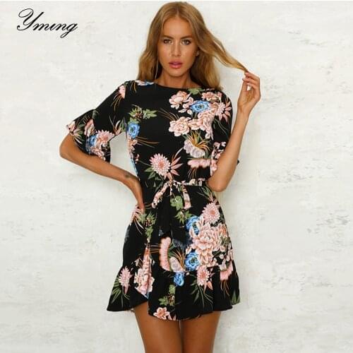 Floral Printed Women Dress Boho Party Beach Dresses Half Sleeve Casual Sundress Vintage Dress Belt Elegent Vestidos Mini Dresses