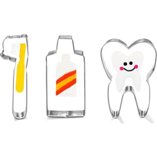 3 pcs/lot Toothbrush Toothpaste Tooth Shape Stainless Steel Cookie Cutters Fondant Pastry Cake Mold Teeth Brushing Series