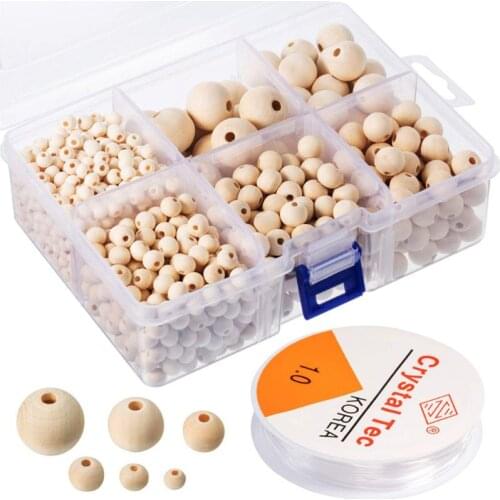 1105Pcs 6 Sizes Wooden Beads Natural Round Wood Beads Set with 1 Roll Crystal Elastic Line for DIY Jewelry Craft Making