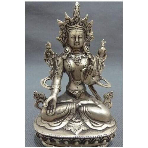 Fast shipping Tibet Silver Buddhist Joss Protect Set Lotus 7 Eyes White Tara Buddha Statue