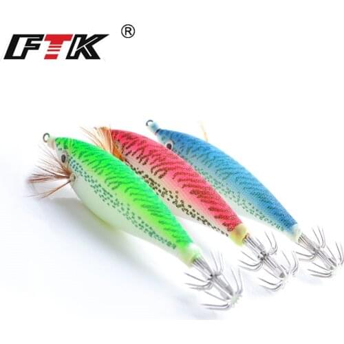 FTK 5pcs/pack 11cm 15g Fishing Lure Squid Lures Wood Shrimp Bait Wobbler Luminous Squid Hook Light Jigs For Fishing Tackle