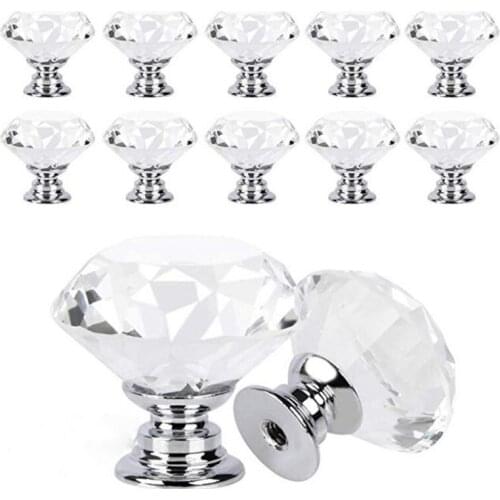 10Pcs/set 30mm Diamond Shape Design Crystal Glass Knobs Cupboard Drawer Pull Kitchen Cabinet Door Wardrobe Handles Hardware