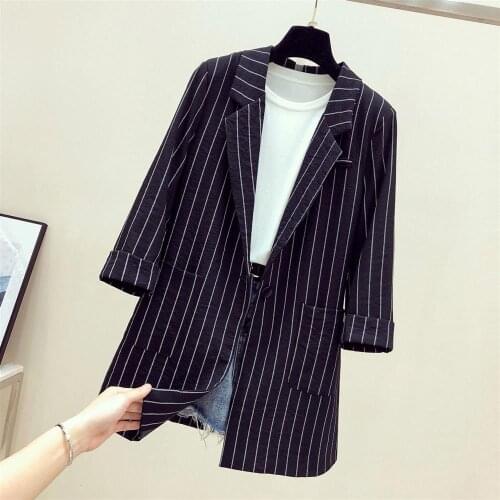 Classic stripe Single Button Women Jacket Blazer Casual Suit Notched Collar Slim Female Suits Lady Coat Fashion Blazer Femme
