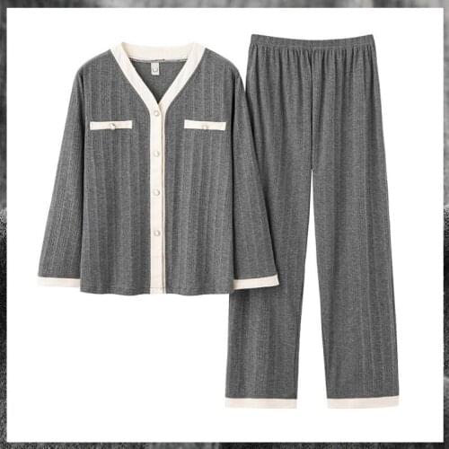M-3XL Gray Cotton Loose 2PCS Pajama Sets Women Spring Autumn Casual Nightwear V-Neck Cardigan&Pant Sleepwear Fashion Home Pyjama