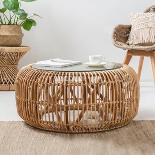Minimalist Style Round Rattan Coffee Table Hand-Woven Living Room Real Rattan Tea Table end table in Living Room Furniture
