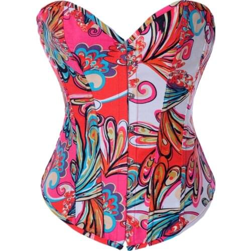 Fashion Printed Denim Overbust Corset Vintage Sexy Steampunk Bustier Top For Women