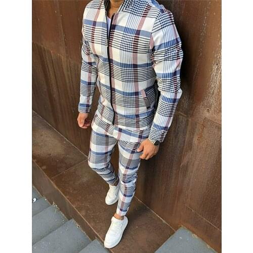 2021 Mens Casual Sportswear Autumn New Stand-up Collar Zip Cardigan Jacket+fashion Trousers Grid Stripe Suits