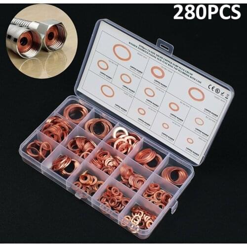 280pcs Copper Sealing Rings Assortment Oil Drain Washers O-shaped Gaskets Set Flat Hardware Accessories Multi Sizes