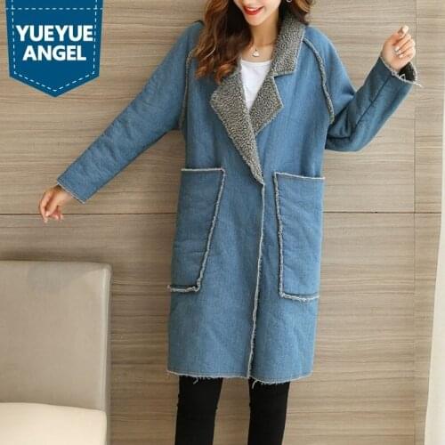 Winter New Fashion Warm Coats Female Jean Denim Vintage Big Pockets Women Slim Fit Thick Outwear Casual Long Overcoat Plus Size