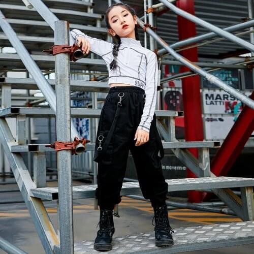 New Hip Hop Dance Costumes For Girls White Long Sleeved Hiphop Pants Suit Jazz Modern Dance Clothes Perfmance Outfits DQS7510