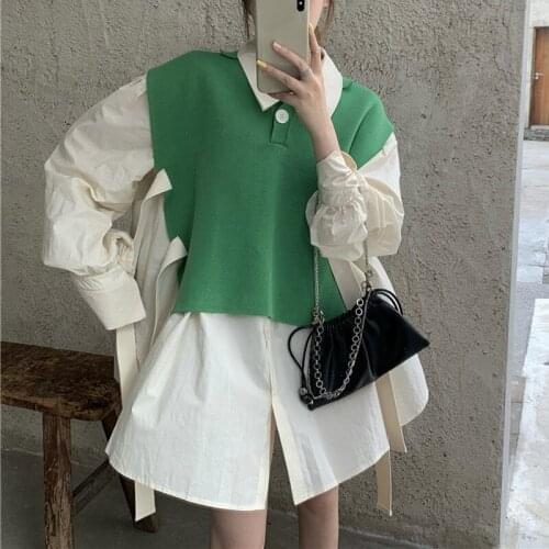 Autumn new product long-sleeved simple apricot shirt and lace-up green pullover knitted vest fashion suit