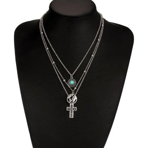 Docona Bohemia Silver Color Map Hollow Inlay Crystal Cross Layered Necklaces For Women Vintage Round Pendant Jewelry Collars4303