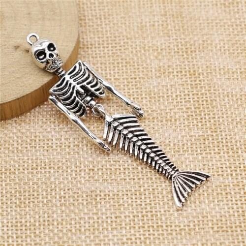 3pcs 18x74mm Mermaid Skull Pendant Charms DIY Jewelry Making Jewelry Finding Antique Silver Color