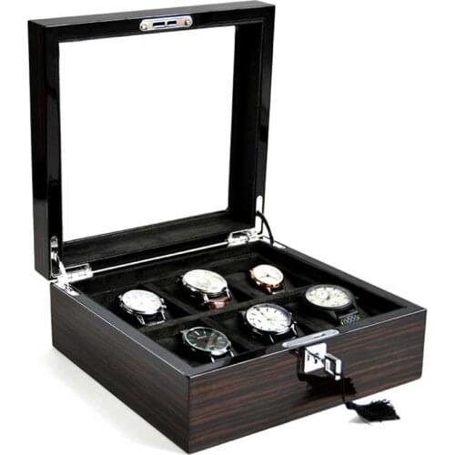 Luxury Clamshell Wooden Baking Varnish Square Lock Watch Box 6-digit Black Window Watch Box Jewelry Display Storage Boxes