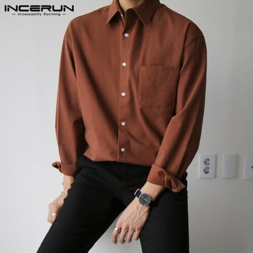 INCERUN 2021 Men Casual Shirt Brand Turn Down Collar Streetwear Button Tops Solid Color Leisure Long Sleeve Camisas Men Clothing