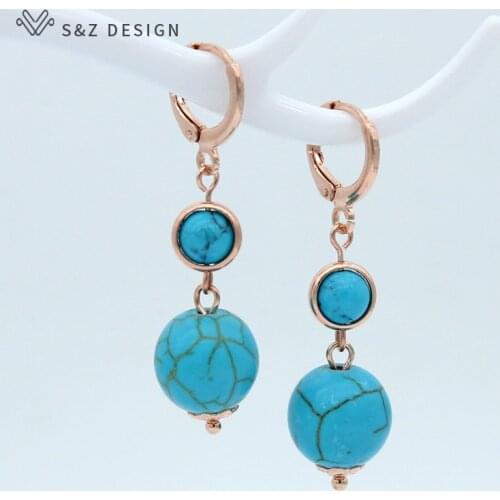 S&Z New Long Round Black Agates Turquoises Dangle Earrings 585 Rose Gold Unique Temperament Eardrop For Women Party Jewelry Gift