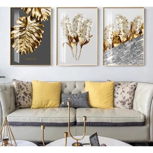 Nordic Golden abstract leaf flower Wall Art Canvas Painting Black white feathers Poster Print Wall Picture for Living Room Decor