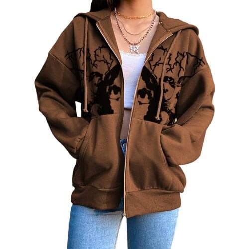 Vintage Angel Print Oversized Hoodies Female Zip Up Long Sleeve Womens Sweatshirt Y2K Aesthetic Autumn Winter Grunge Streetwear