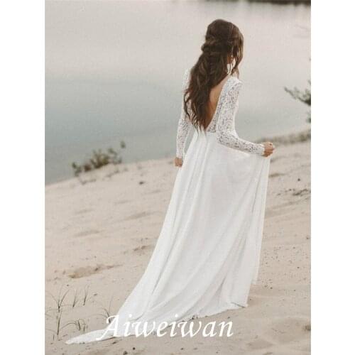 A-Line Long Sleeves V-Neck Lace Floor-Length Garden Outdoor Backless Wedding Dress 2021
