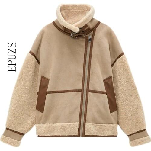 ZA 2021 Winter Thicken Warm Lambskin Jacket Coat Women Casual Fashion Lamb Faux Fur Overcoat Oversize Outerwear