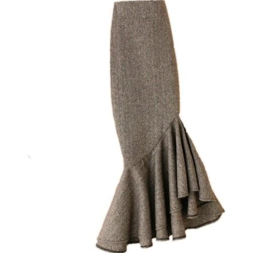 Autumn winter woolen mermaid skirt women high waist package hip ruffles trumpet skirt plus size 4XL