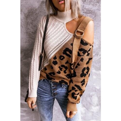 Woman Sweaters Knitted Leopard Patchwork Turtleneck Sweater Spring Long Sleeve Loose Women Pullover