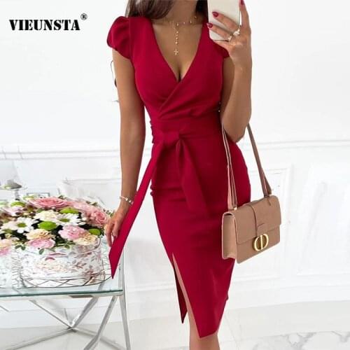 Sexy Deep V Neck Slim Fit Bodycon Dress Women Butterfly Sleeve Elegant Office Lady Dresses Spring Summer Solid Party Dress Belt