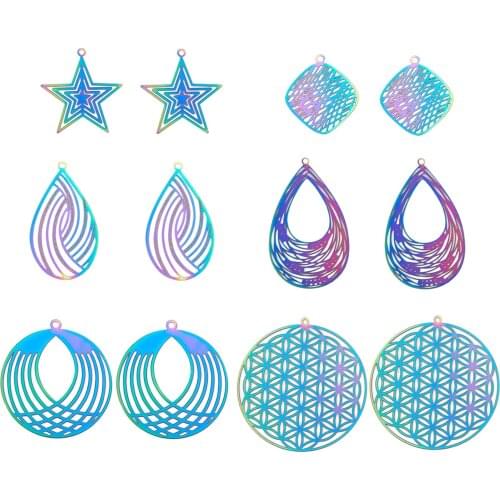 24Pcs Colorful 201Stainless Steel Filligree Charms Hollow Big Pendants Etched Metal for Necklace Earrings Jewelry Making