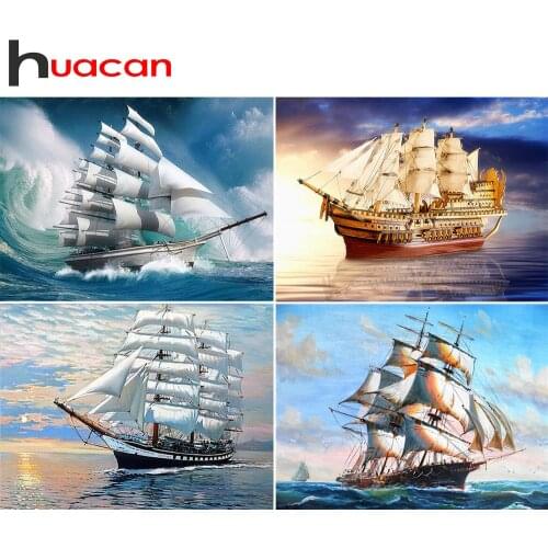 Huacan Diamond Mosaic Full Square Drill Landscape 5d Diamond Painting Sailboat Rhinestone Beadwork Diamond Embroidery Sea Scenic