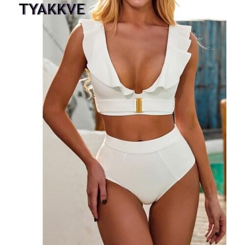 2021 Push Up Bikinis High Waist Swimsuits Ruffle Swimwear Women White Bathing Suit Women Sexy Cut Out Biquini Beach Wear