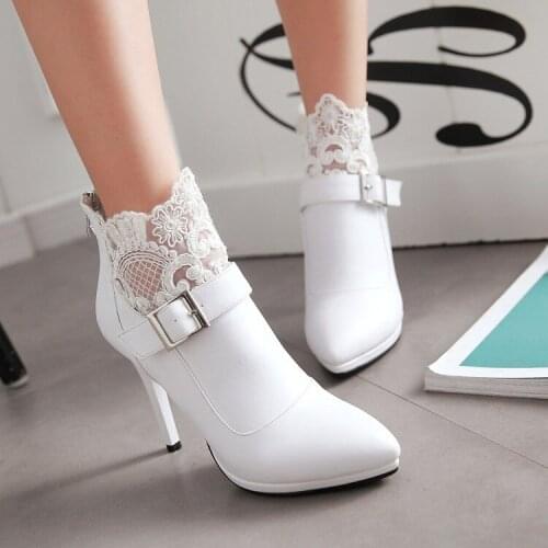 PXELENA Winter Sexy Women Wedding Boots White Thin High Heel Lace Pointed Toe Back Zip Fashion Ankle Boots Bridal Buckle 34-42