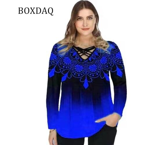 BOXDAQ Oversized Women Gradient Cross V-Neck Print Shirt Autumn Long Sleeve Casual Loose Tops Plus Size Ladies 4XL 5XL Blouses
