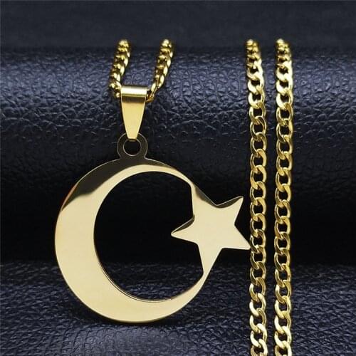 2021 Muslim Islam Moon Star Stainless Steel Chain Necklaces for Women Gold Color Necklace Jewelry collares de mujer NXHYB2S05