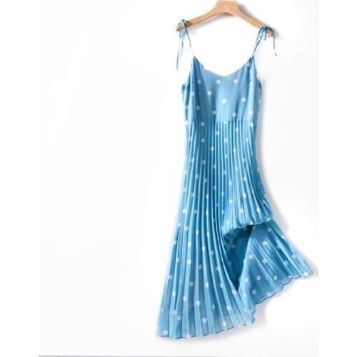 Elfstyle Women Contrast Dots Printed Pleated Midi Strap Dress - Ladies Floral Printed Midi Casual Dress