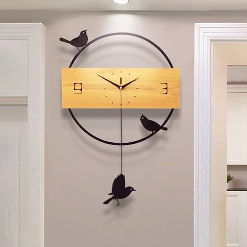 Round Metal Frame Wooden Dial Wall Clock Birds Pendulum Non-Chiming Silent Wall Clocks Rustic Style Clock for Home Decor