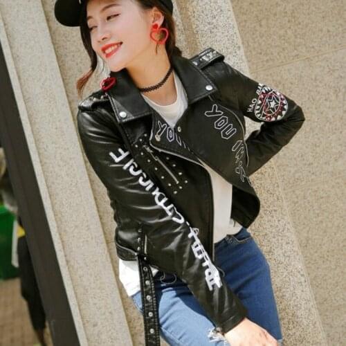 Female Pattern Black Rivet Hip Hop Short Zipper Coat Women Printed Letters Pu Leather Jacket Biker Moto Black Faux Jacket