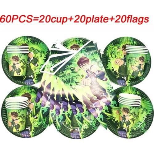 New Green Ben 10 Theme Birthday Party Decor Banners Paper Plate Cup Flag Disposable Tableware Set Baby Shower Party Supplies set