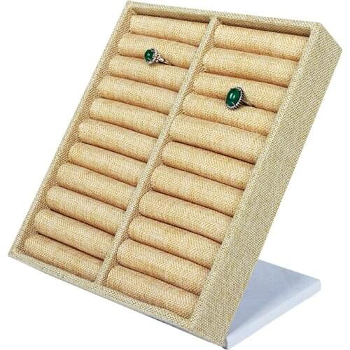 New Design Beige Linen Display Case Jewelry Ring Removable Stand Board Holder Storage Box Plate Organizer