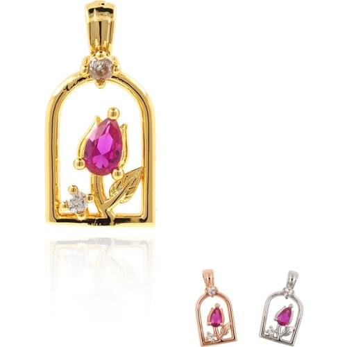 Red Rose Pendant Zircon Brass Gold Plated Romantic Jewelry DIY Necklace Earrings Making Accessories
