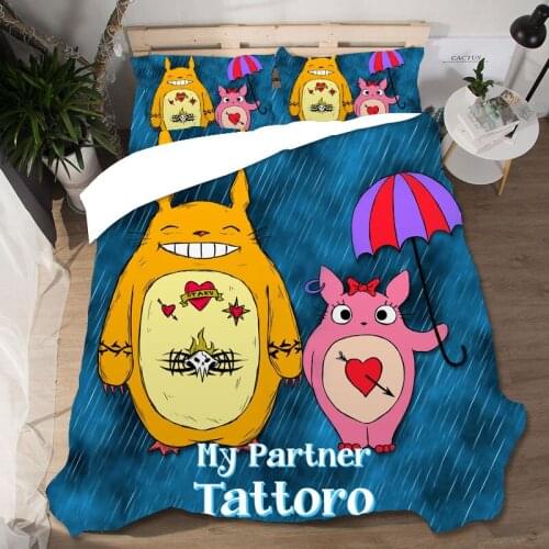 Cartoon Totoro Printing Bed Linen Bed Sets Bedding Pillowcases Printing Home Textile Lovely Couple Queen King Size High Quality