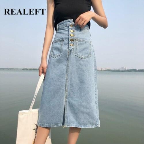 REALEFT 2021 New Womens Denim Skirts Summer Fashion Chic Korean Style Cross Button Design High Waist Midi A-Line Skirt Female
