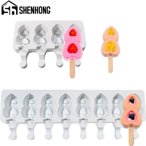 SHENHONG Double Heart Design Silicone Popsicle Molds Summer Dessert Tools 20 Types Ice Cream Moulds 50pcs Sticks Cube Tray