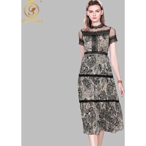 SMTHMA 2021 New Fashion Runway Summer Dress Womens Short Sleeve High Waist Vintage Mesh Patchwork Print Elegant Midi Dress