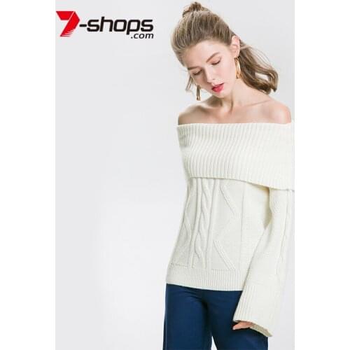 AECU Sale Wool Off Shoulder Women Sweater Flare Long Sleeve Pullover Female Knitting Sweaters Plus Size Jumper White Kazak