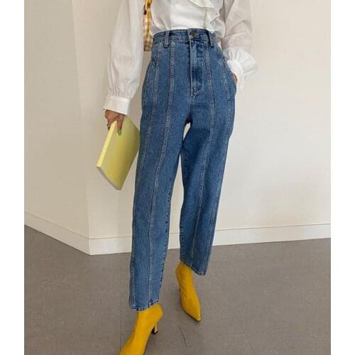Loose Female Jeans Trousers Simple Design High Quality Elastic Waist Denim Pants Cotton Loose Casual Straight Denim Pants